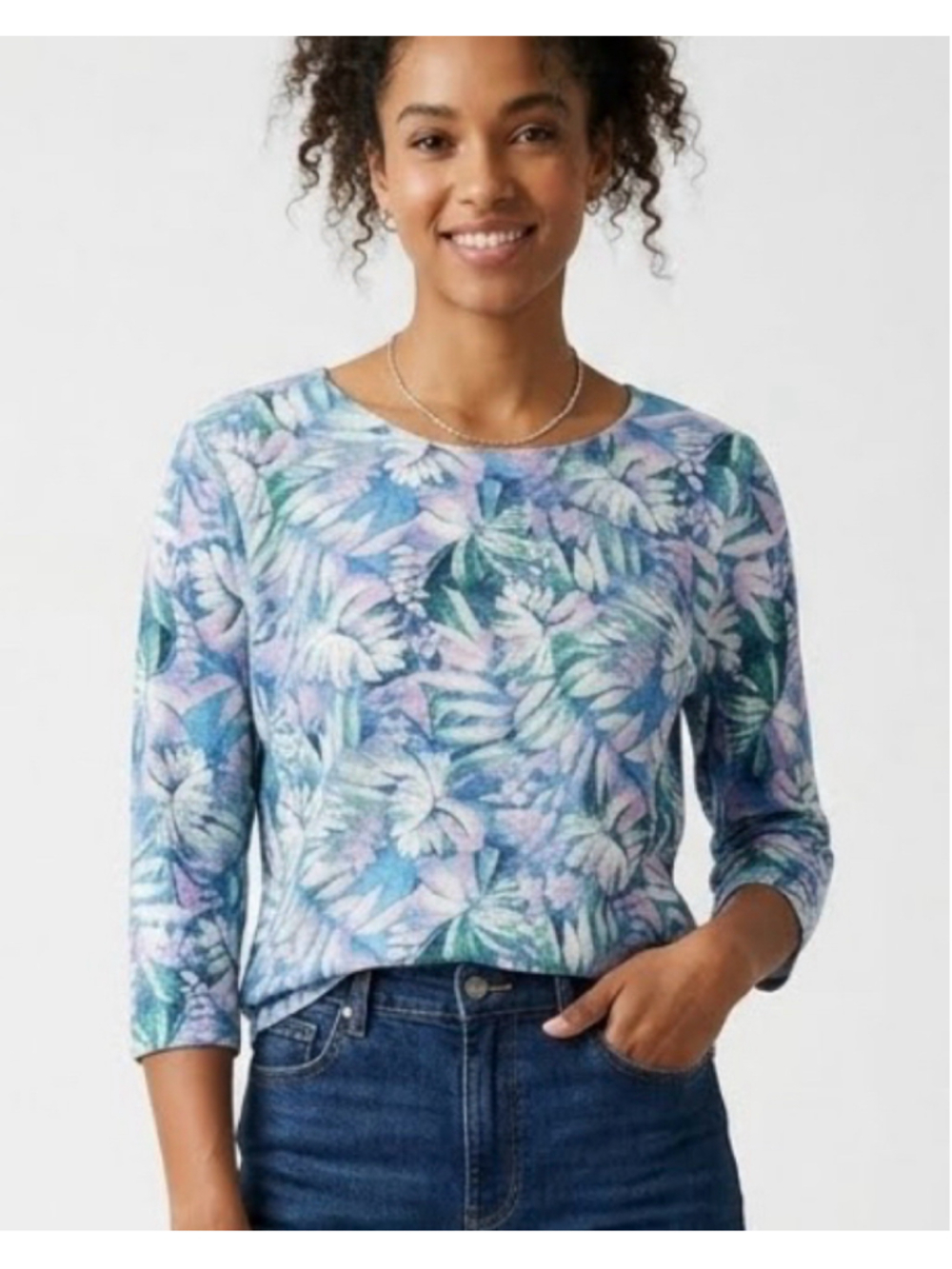 Women's Tommy Bahama Cotton Long Sleeve Tee Size L Blue Purple Floral 1966